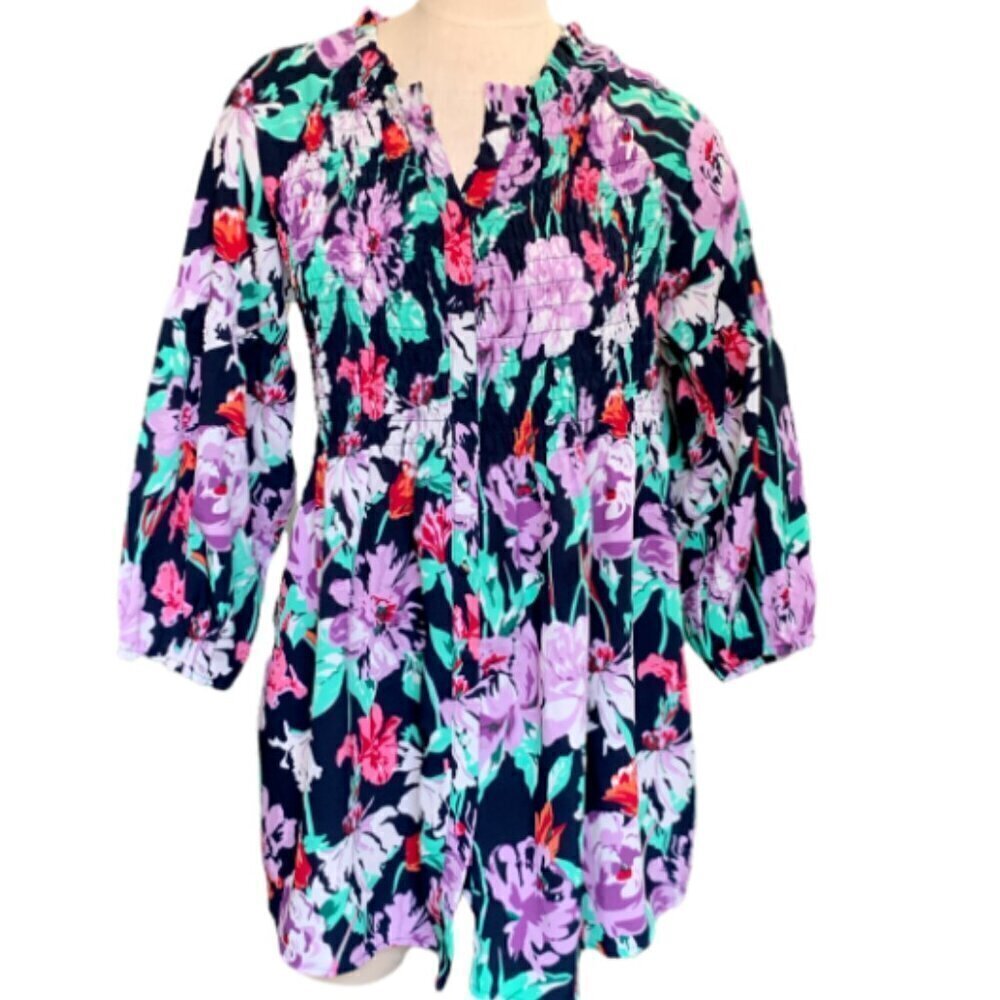 Caffe Marrakesh Tunic‎ Top/Mini Dress Floral Smocked Button Front Sz L #17D